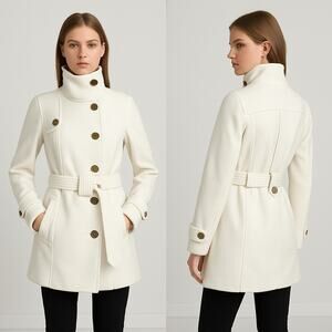 Jack. Women’s Small White Double Breasted Belted Coat High Collar Winter Jacket